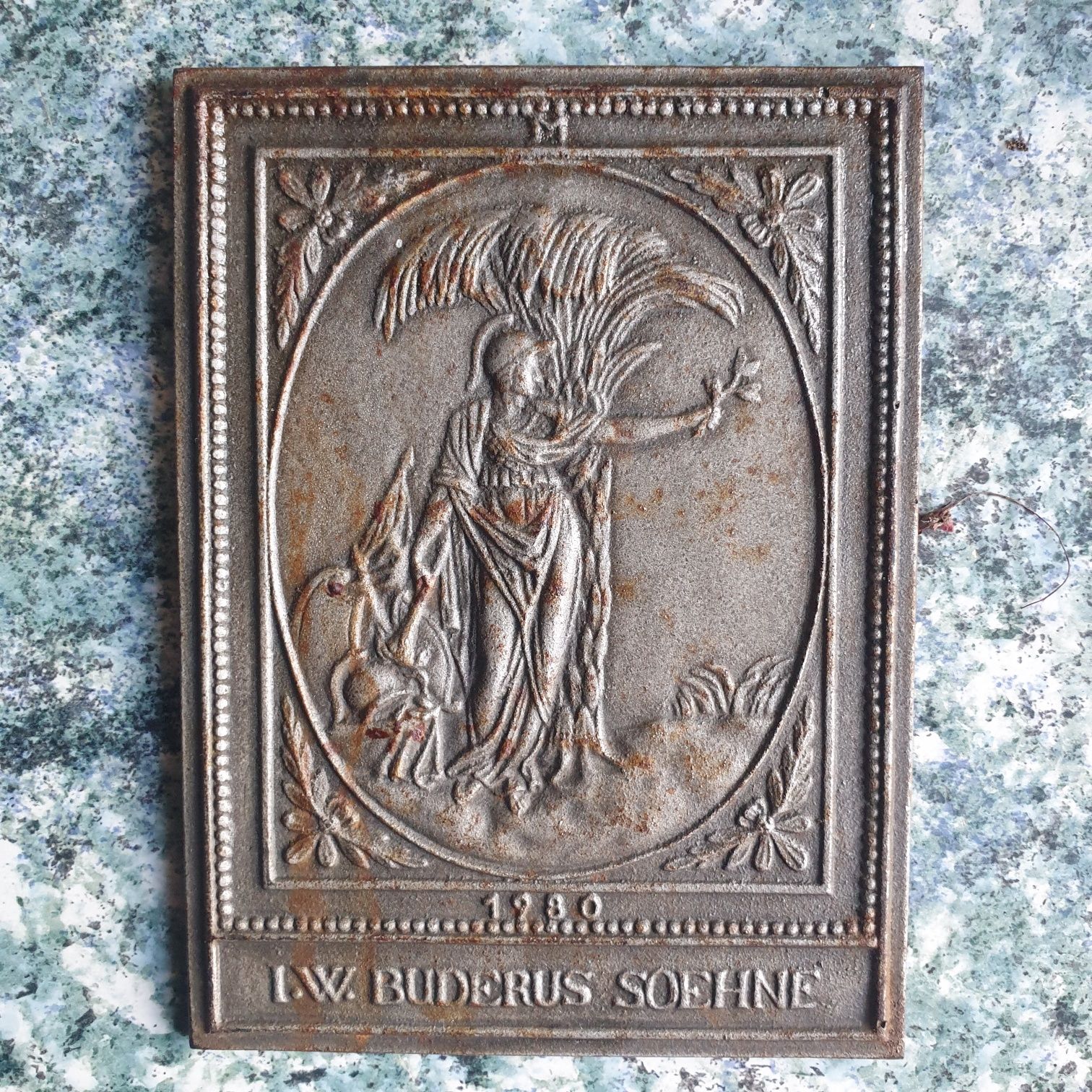 Cast Iron Plaque I.W Buderus Soehne 1980 ornate relief/Alegoria Pokoju