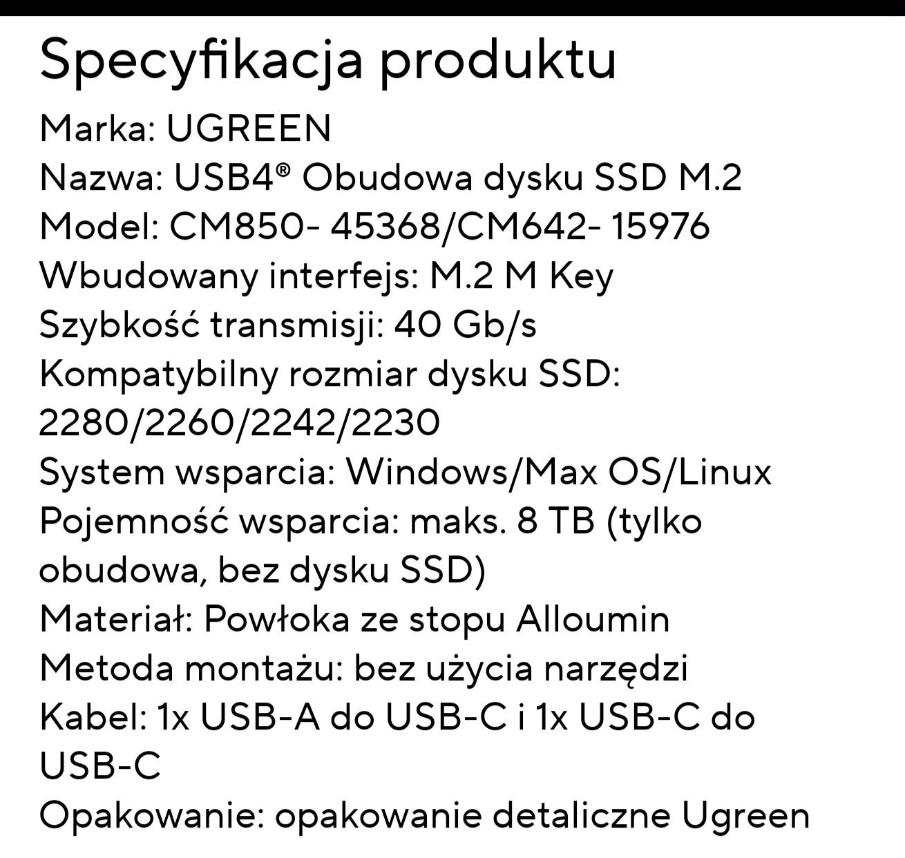 Ugreen obudowa dysku 40 Gbps M2 SSD, NVMe, USB C 4.0 thunderbolt