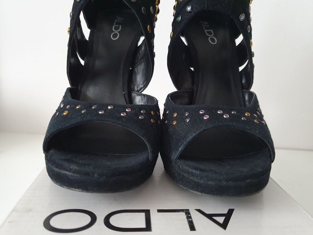 Buty Aldo 38 szpilki sandałki czarne z kamieniami zamsz skóra Guess
