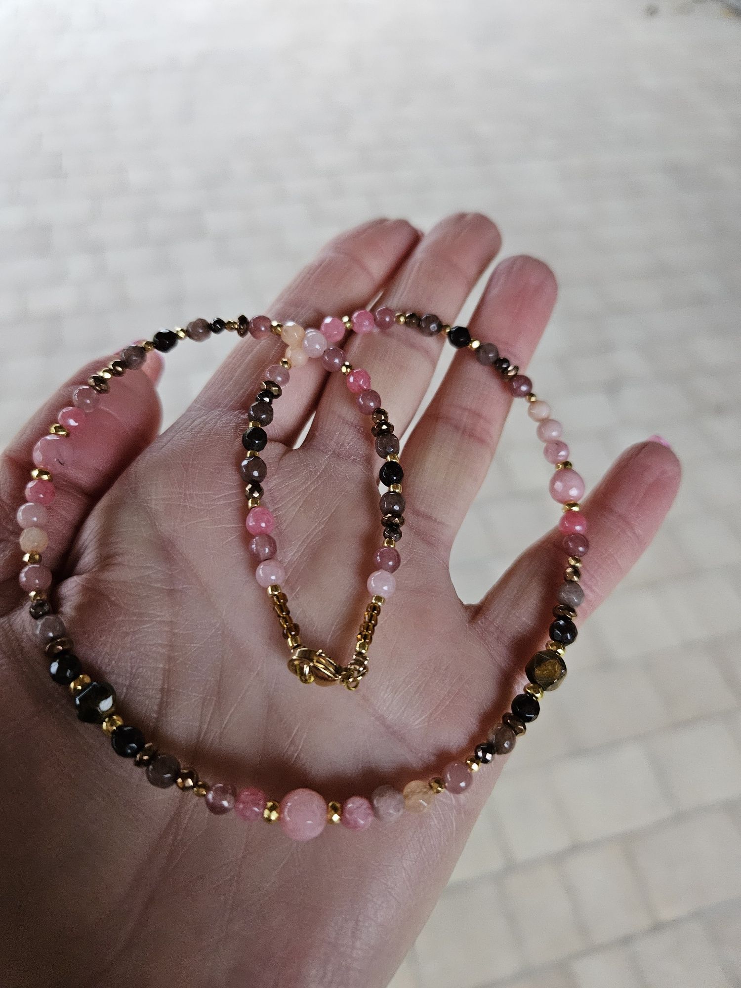 Naszyjnik Choker kamienie Tygrysie oko Rodonit Agat Jadeit Hematyt