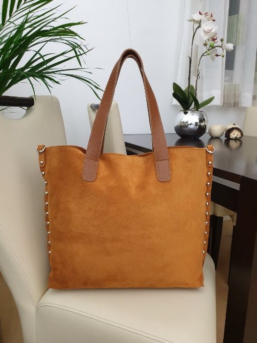 VERA PELLE torebka damska zamszowa shopper z ćwiekami V407 c.zielona