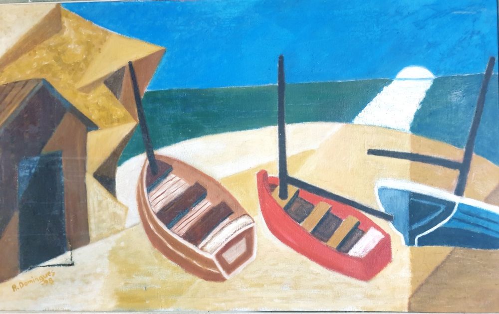 Para restauro: pintura marítima com barcos - R. Domingues