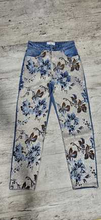 Mango jeansy spodnie dżinsy premium wysoki stan kwiaty satyna XS