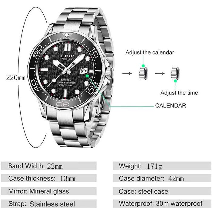 Zegarek kwarcowy sportowy Lige 43mm bransoleta datownik mocna luma BOX