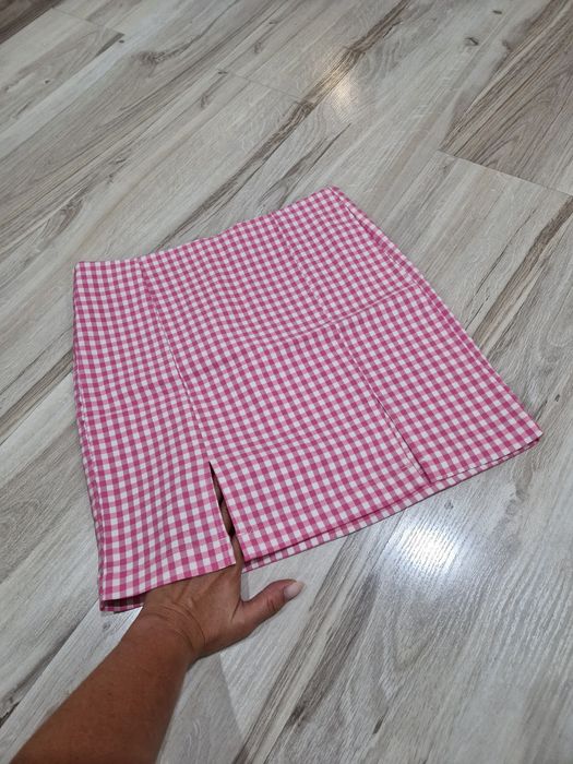 Spodniczka mini z rozcięciami, letnia spódniczka w kratkę, różowa