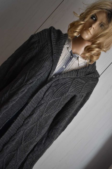 Sweter S M 36 kardigan długi z kapturem płaszcz niezapinany do kostek