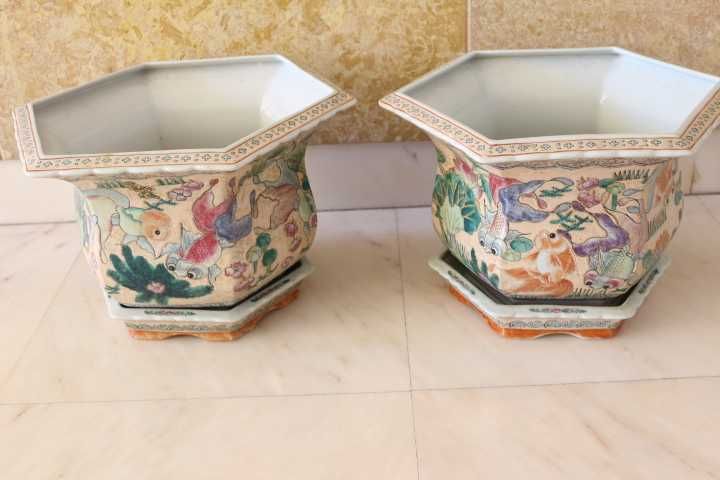 Par Cachepot Vasos em porcelana Chinesa Jiaqing XIX 43 cm x 27 cm A