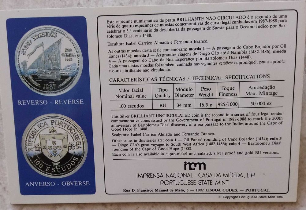 100$00, 1987, prata 0.925, Nuno Tristão