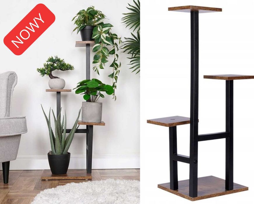 Kwietnik Stojący Metalowy Drewniany 4 Doniczki Z Kwiatami Rośliny 84cm