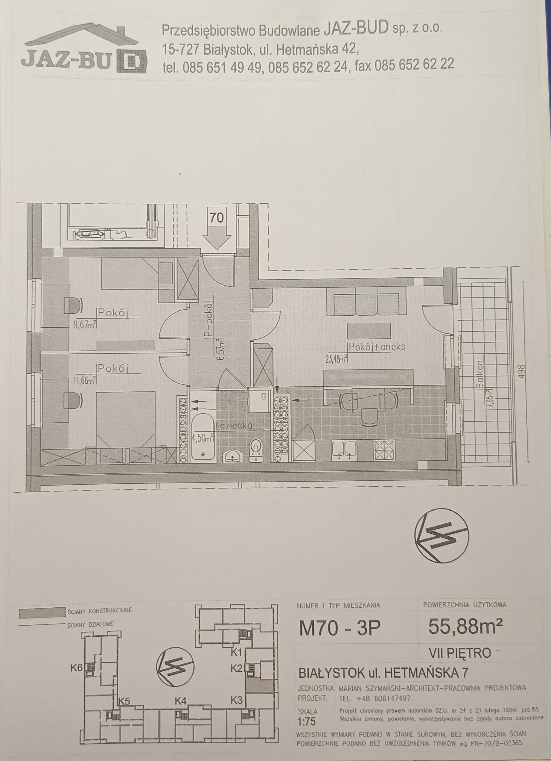 SPRZEDAM MIESZKANIE 3 POK. 56 m2; UL. Ślusarska 18  Białystok