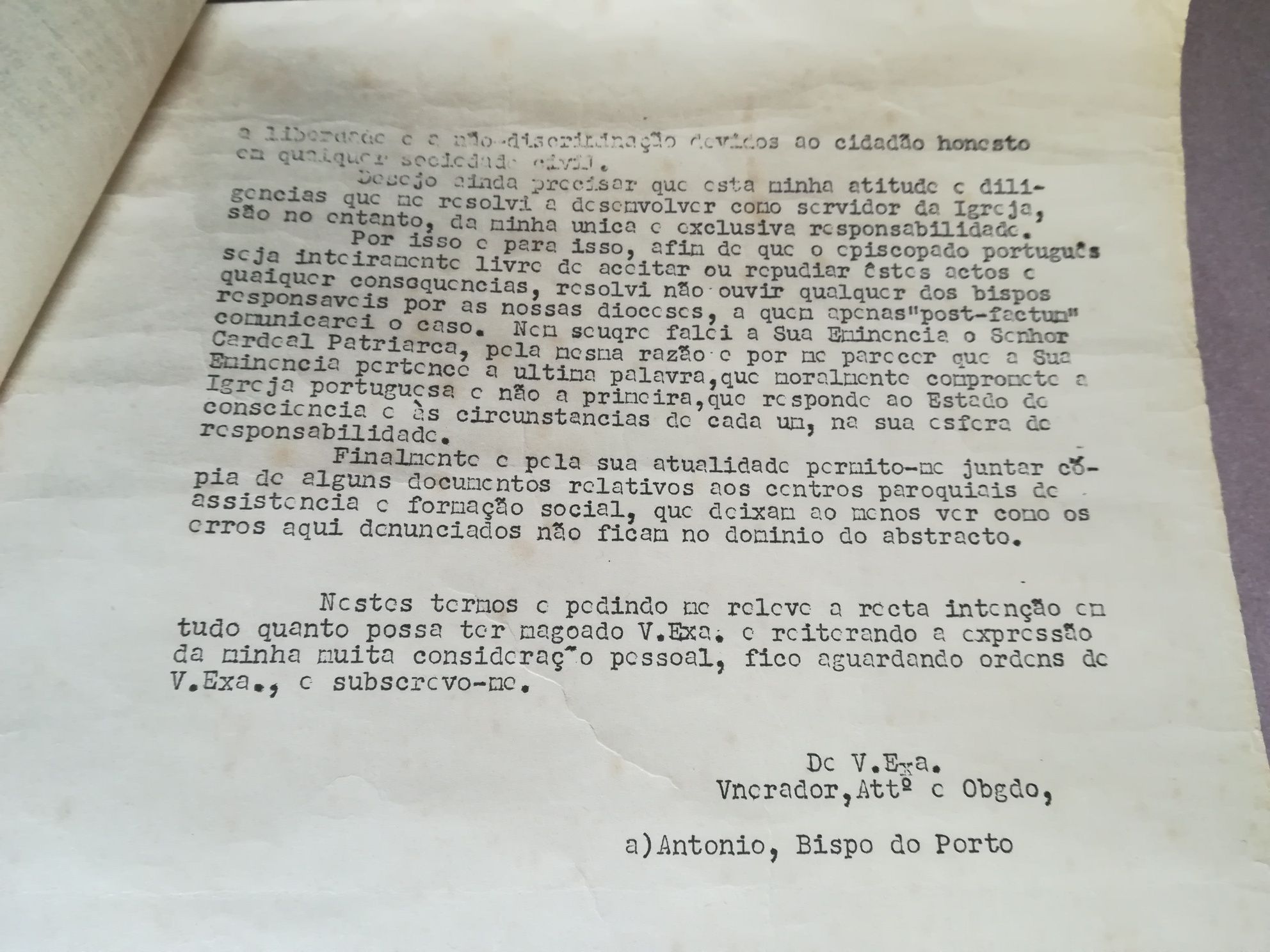 Cópia da Carta de D. António a A.O. Salazar. 1958.