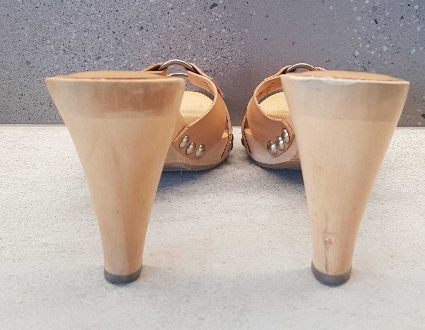 RETRO musztardowe otwarte szpilki ZARA, wierzch - skóra, rozm. 40