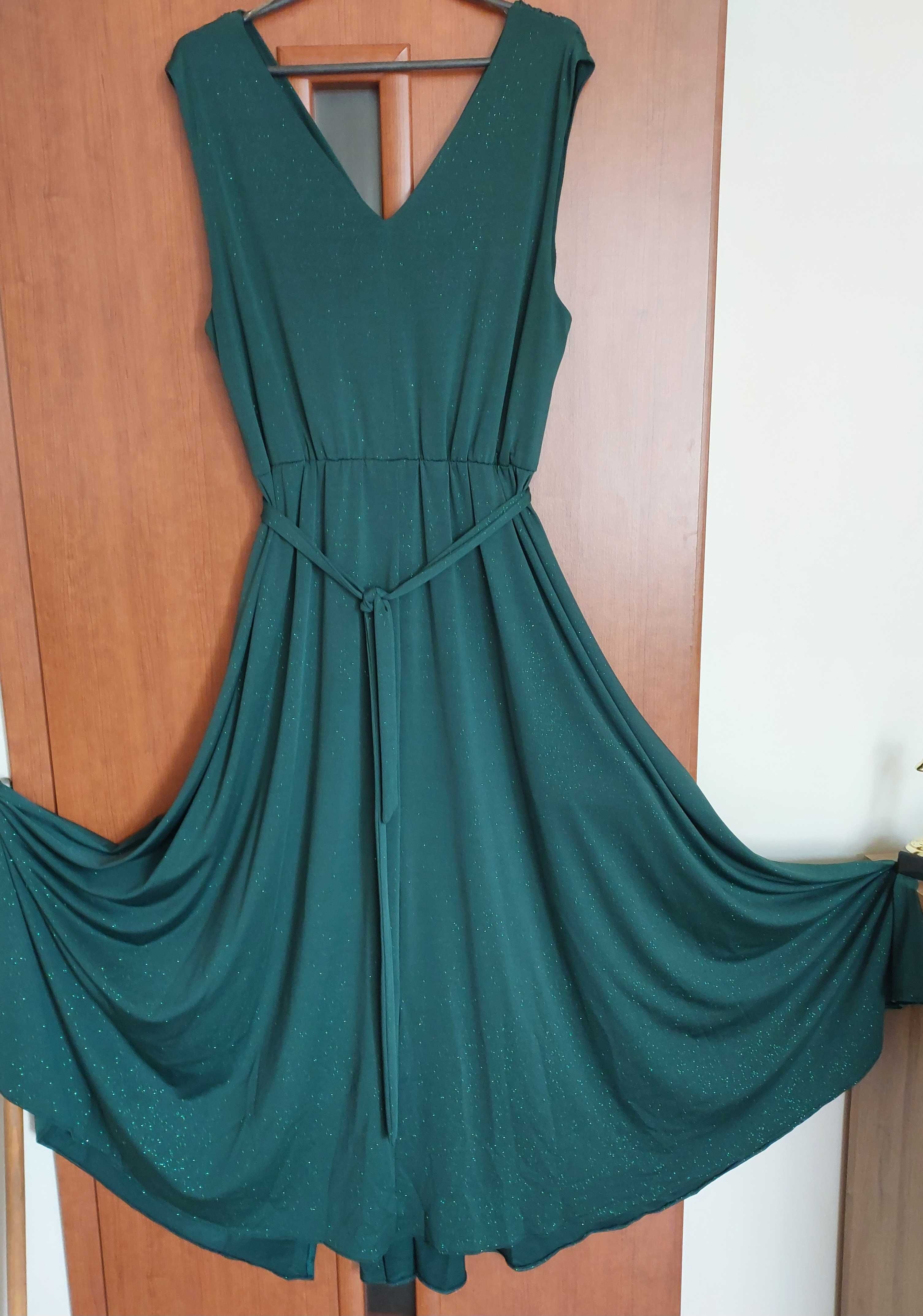 Brokatowa wieczorowa sukienka  MAXI butelkowa zieleń  do rozmiaru 50