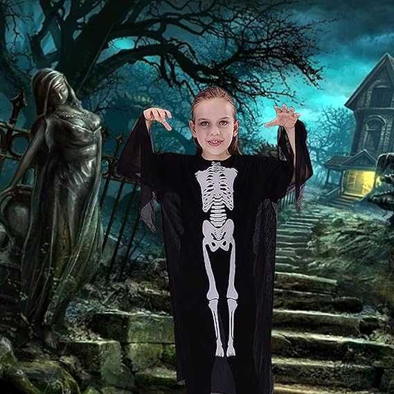 Kostium na Halloween Przebranie KOŚCIOTRUP SZKIELET Ponczo Tunik-110cm