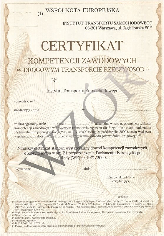 Certyfikat kompetenzji zawodowych w przewozie rzeczy lub osób