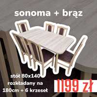 Nowe: Stół 80x140/180 + 6 krzeseł, sonoma + brąz, dostawa PL