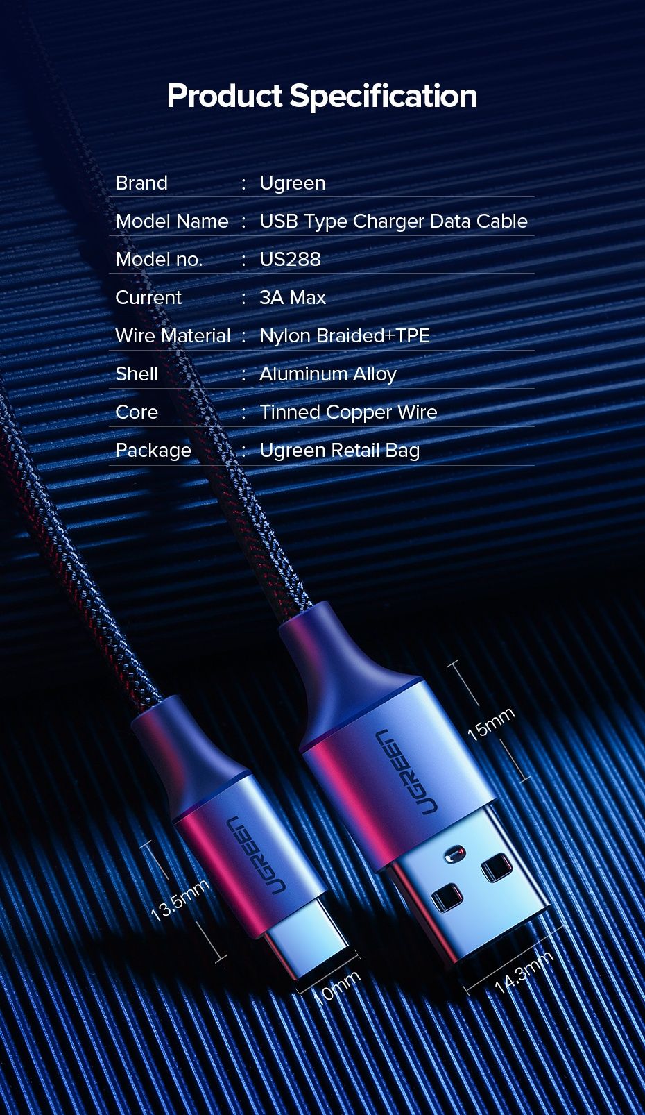 USB Type-C кабель Ugreen US288 длина 1м