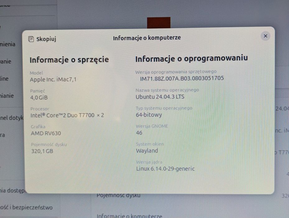 iMac 20" 2007r Core2 Duo 4GB RAM Linux + MacOS