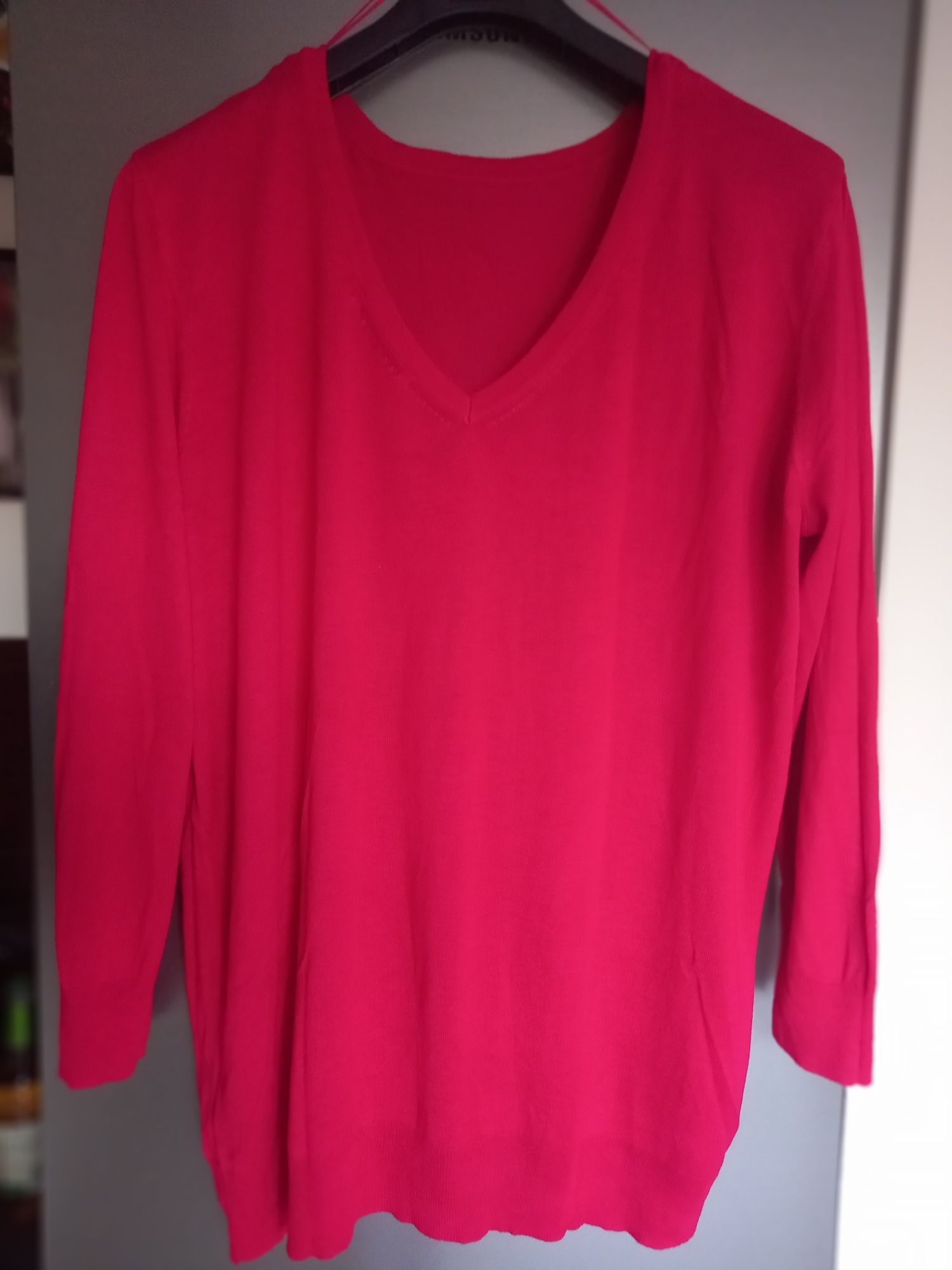 Sweter cienki czerwony ZARA w serek XL XXL Nowy oversize