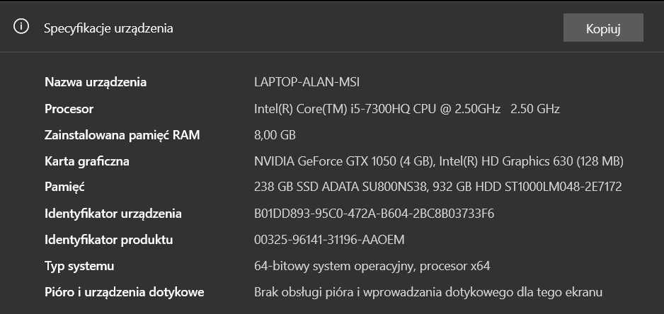 Laptop MSI GL62M 7RDX  15,6” i5-7300HQ GTX 1050 8GB RAM