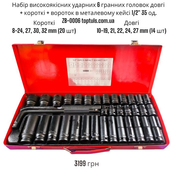 Набір головок ударных короткі і довгі 35 шт 8-32 мм набор ударных голо