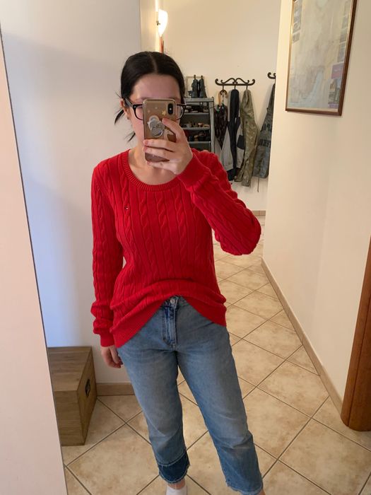 Tommy Hilfiger r.M czrwony sweter plecionka warkocz bawelna