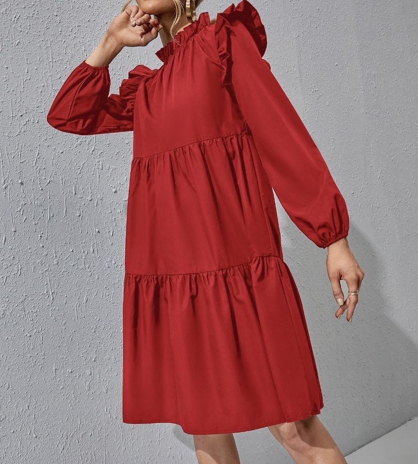 Shein L/XL 40/42 czerwona sukienka z długimi rękawami i falbanami