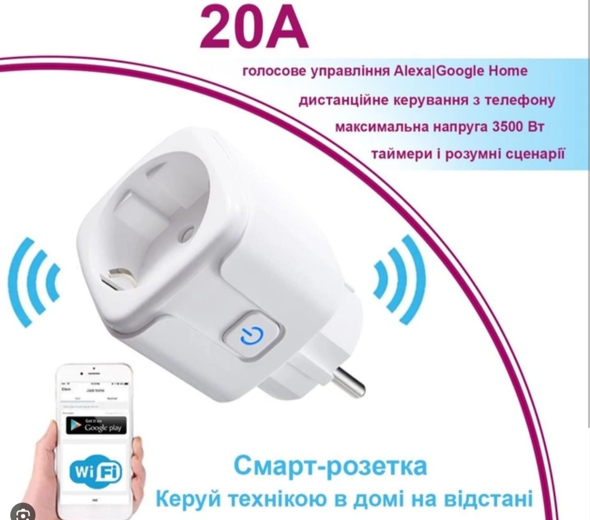 Розумна смарт розетка Tuya Smart WiFi Head 20А з лічильником електроен