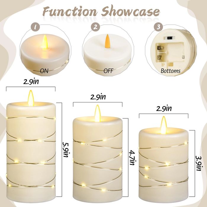 Świeca bezpłomieniowa Da by Flameless Candle z lampką wróżkową, 3 szt.