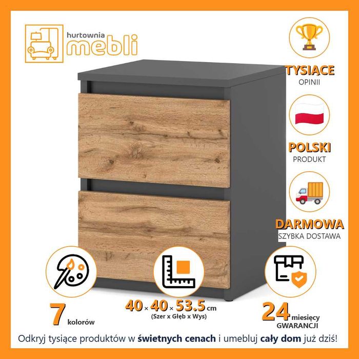 Szafka Nocna Duża 40cm Hugo 2 Szuflady Nowoczesny Stolik Do Sypialni