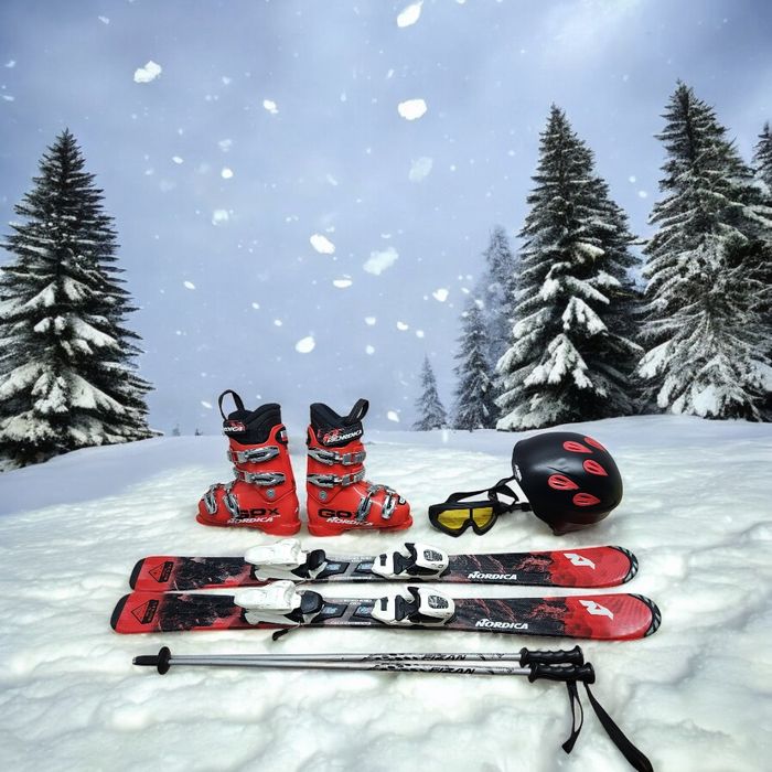 Komplet Narty 110 cm Nordica Buty r-32 Kijki Kask Gogle