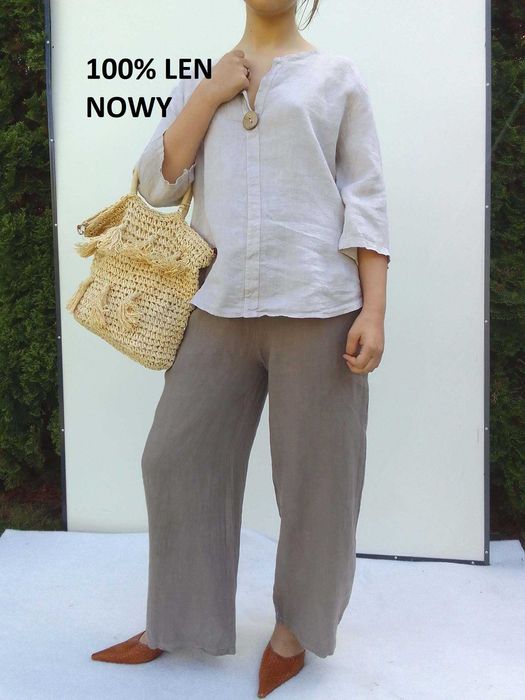 Lniany komplet szerokie spodnie koszula 100% len puro lino S M L uniwe