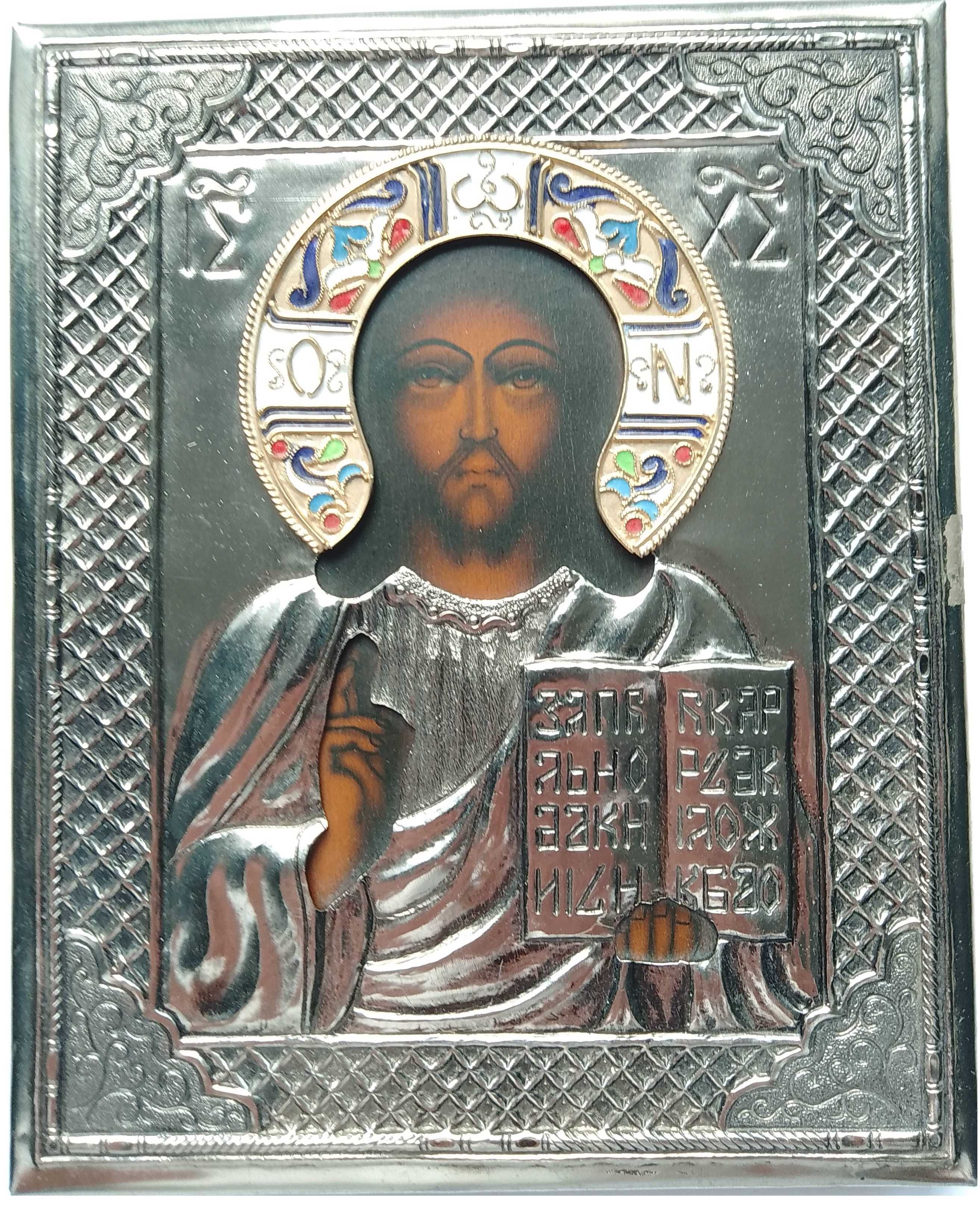 Ikona, obraz Chrystus Pantokrator drewno, metal