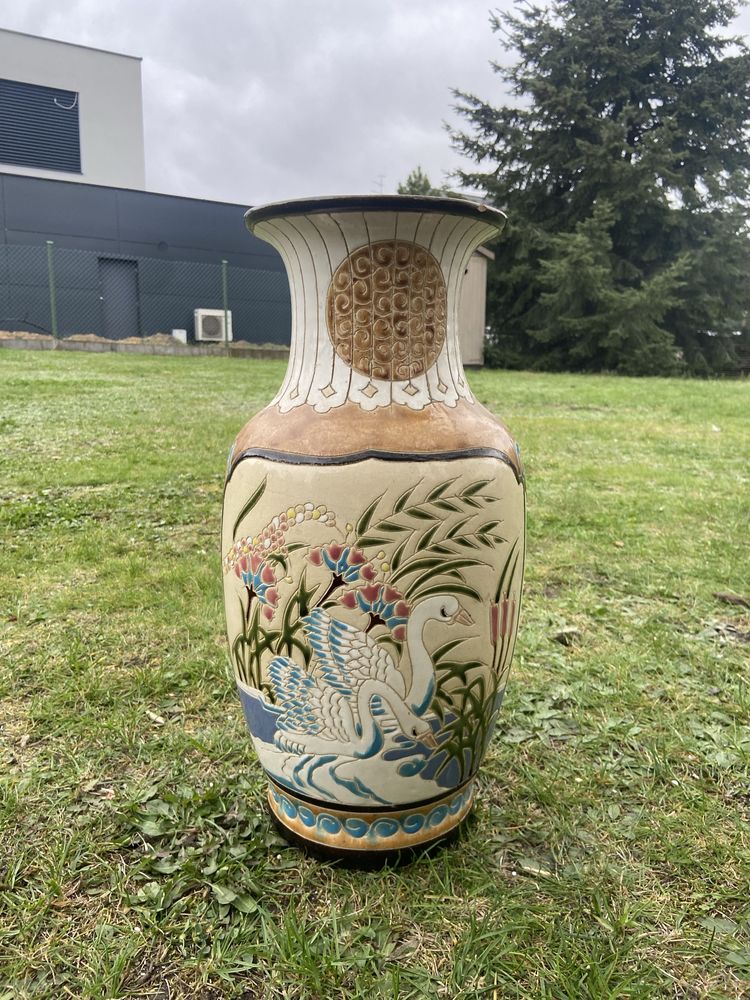Duzy wazon ceramika PRL vintage, z łabędziami