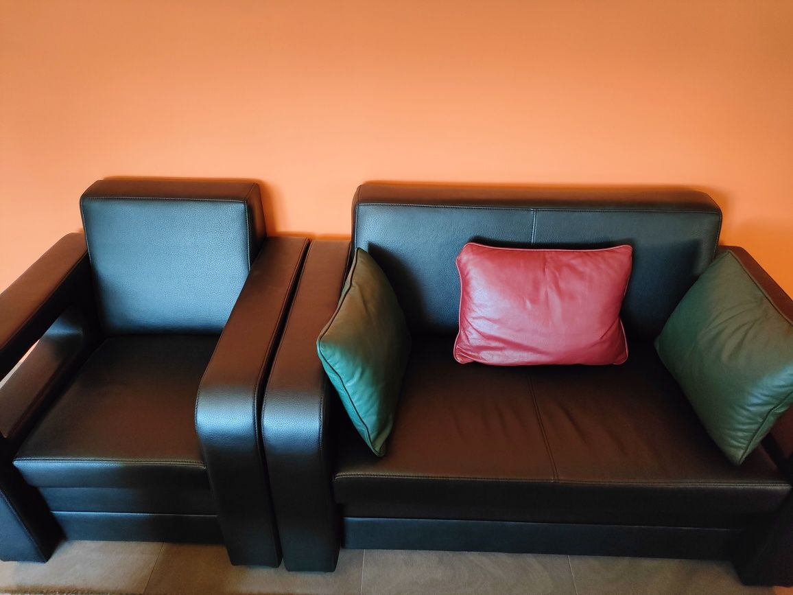 Sofa dwuosobowa z funkcją spania, fotel ecoskóra