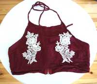 czerwony bordowy burgundowy croptop bluzka 40 L 38M w kwiaty kwiecista