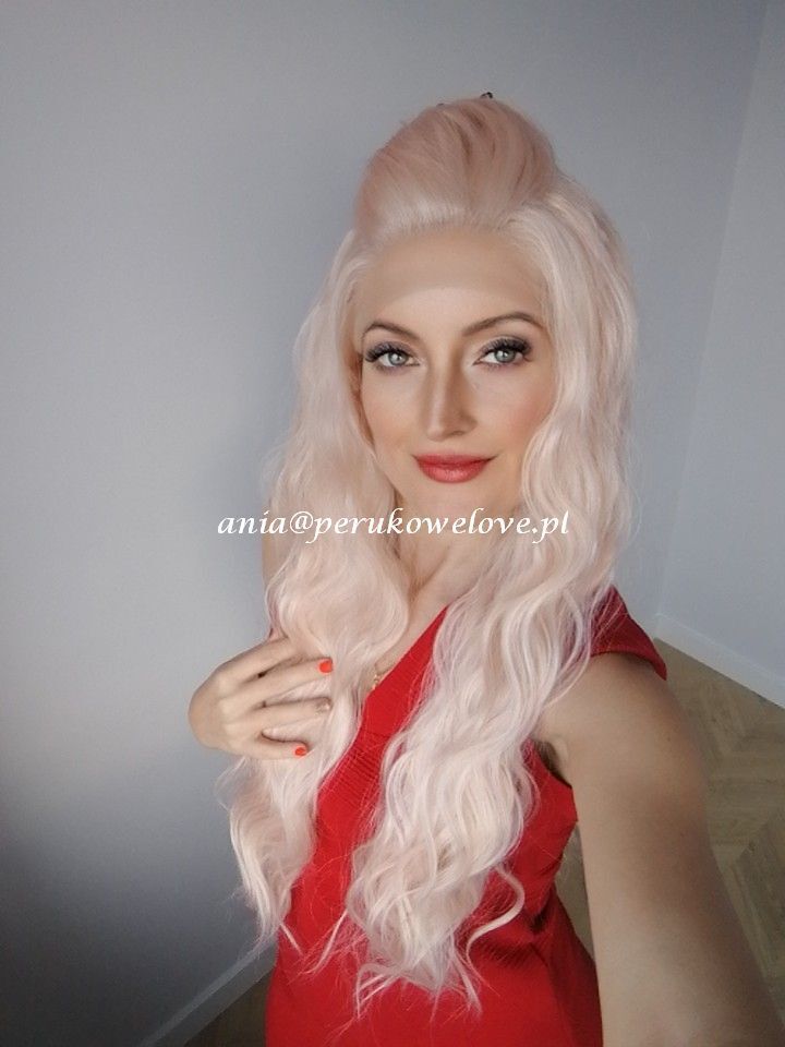 Peruka różowy blond lace front długie włosy fale na co dzień