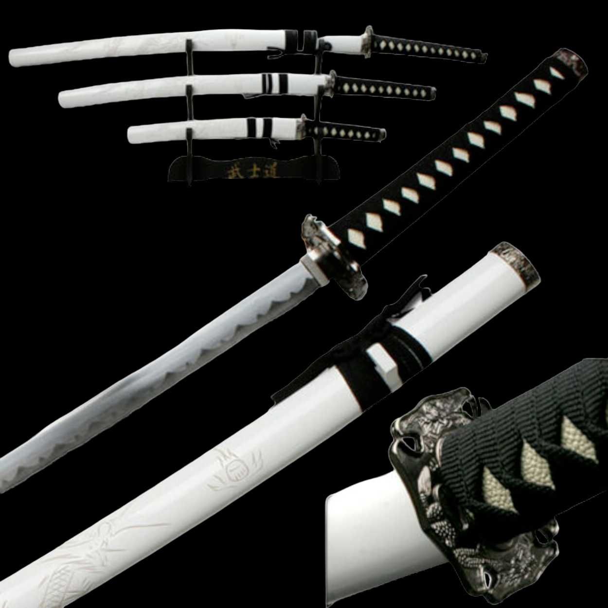 biały smok ZESTAW MIECZY katana WAKIZASHI Tanto PLUS Stojak HK1101