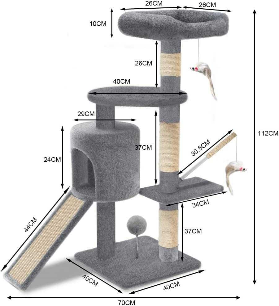 Árvore raspador para gatos com plataformas e abrigo, 115 cm, cinzento