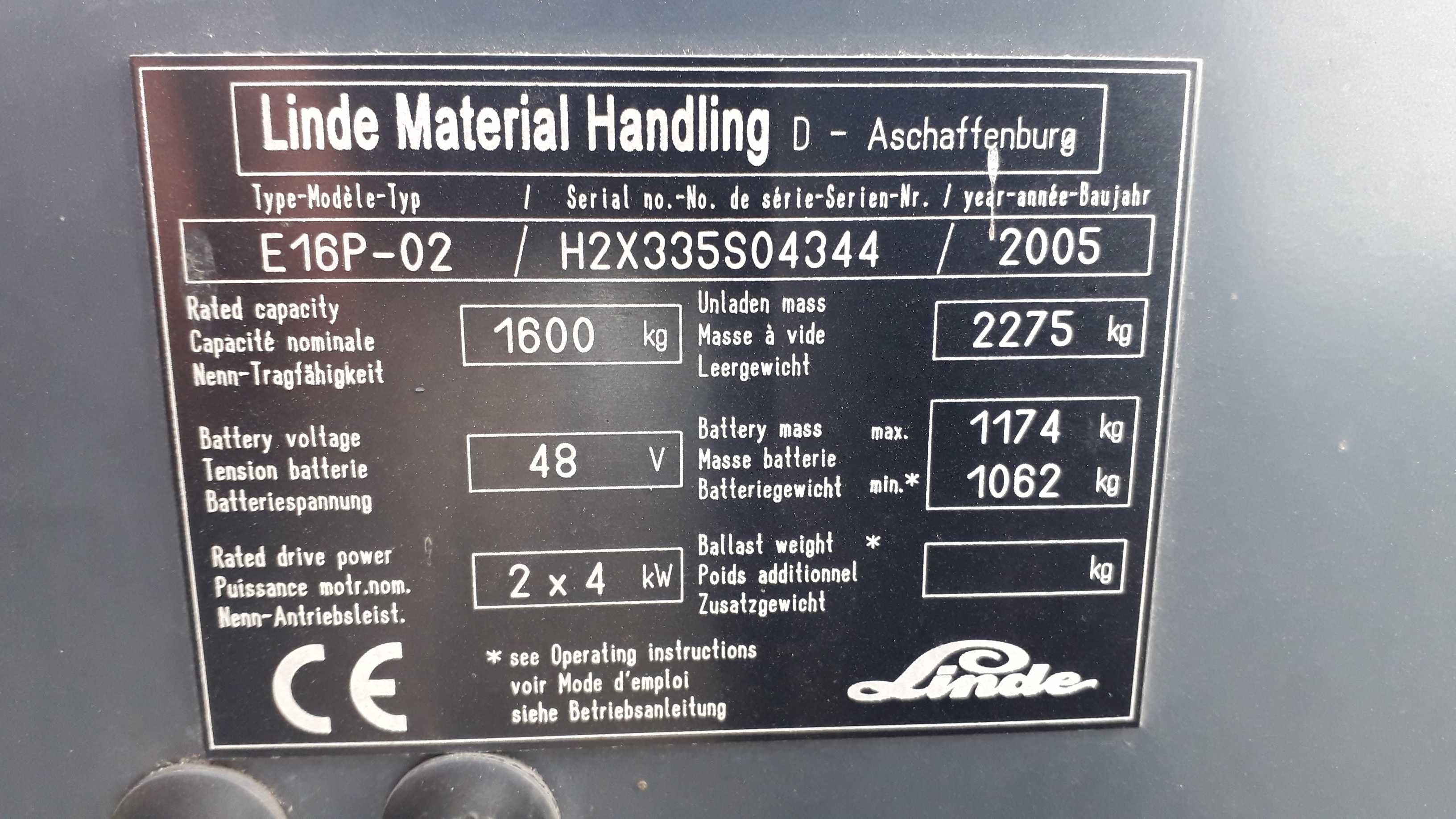 Linde E16P-02 triplex przesuw boczny 2005r wozek widlowy elektryczny