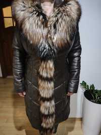 Płaszcz zimowy z lisem ze skóry naturalnej