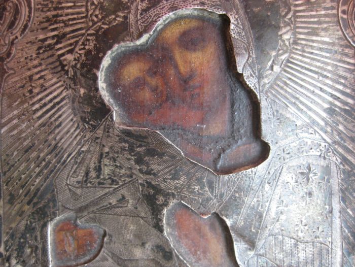 Икона Богородица Владимирская, серебряный оклад. 13.5х11см