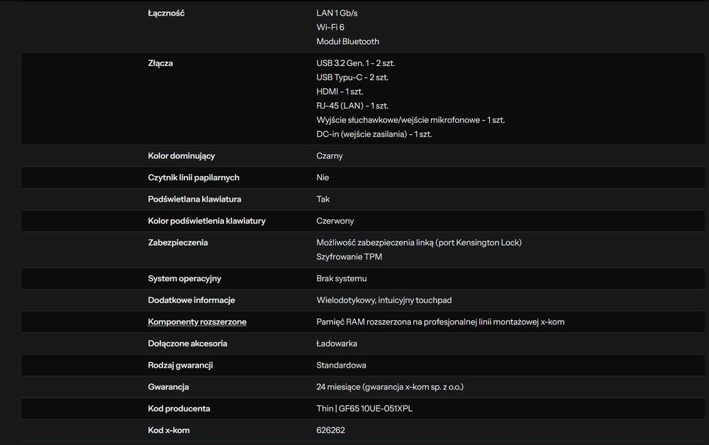 Laptop MSI GF65 i7-10750H/16GB/512 RTX3060 ekran 144Hz