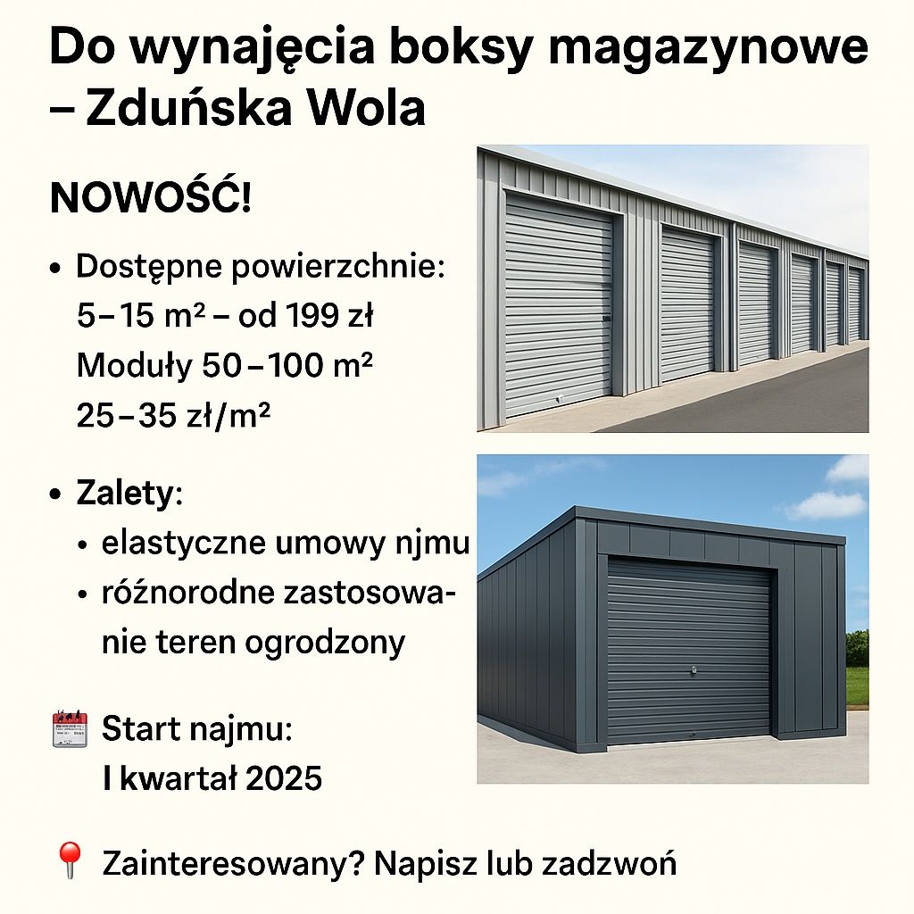Boks magazynowy 100 m² do wynajęcia – Zduńska Wola