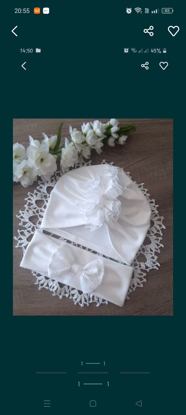Czapeczka turban z koronką biała oraz opaska Chrzest Św