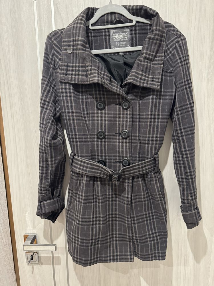 Płaszcz płaszczyk w kratkę szary elegancki M/L