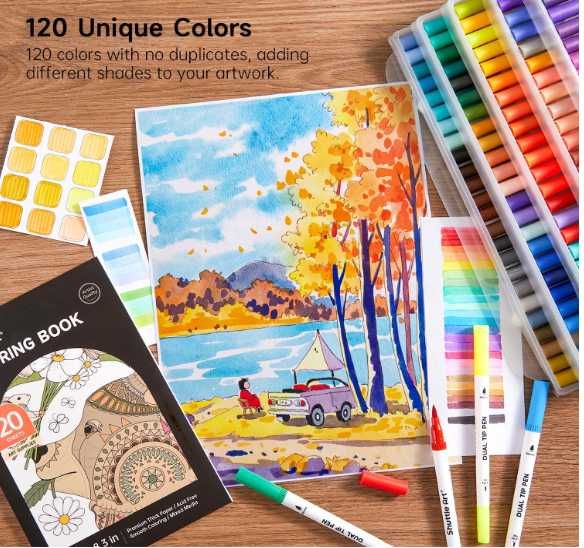 120 kolorów pisaków pędzelkowych z podwójną końcówką z 1 kolorowanką