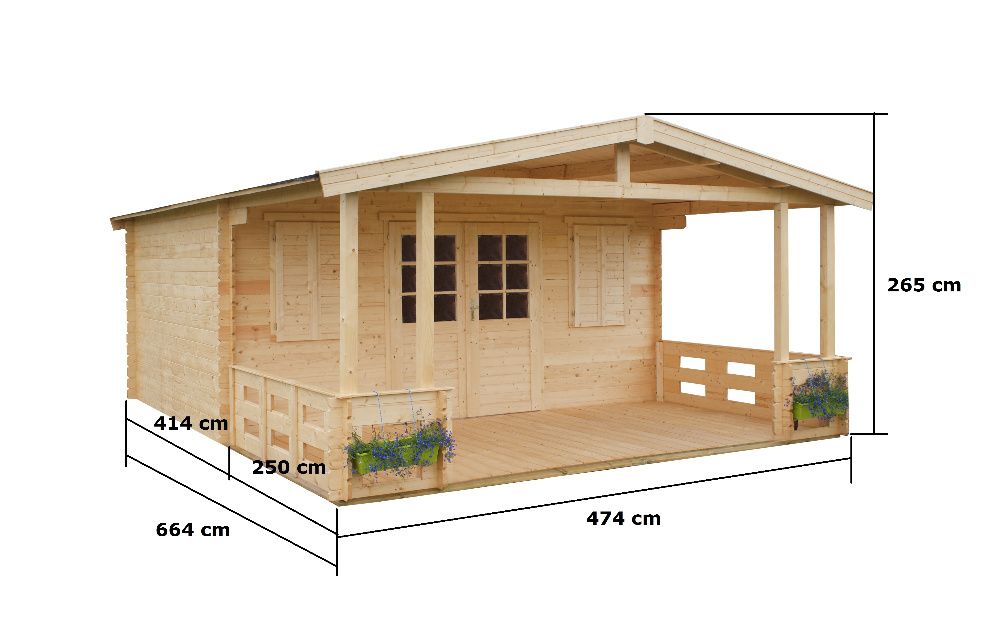 Domek drewniany ogrodowy z tarasem 28 6,64 x 4,74 duży weranda
