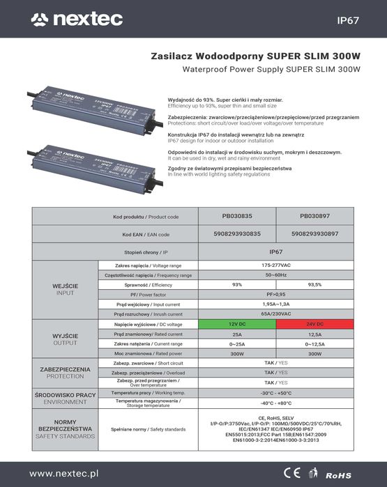 Zasilacz Led Wodoodporny SUPERSLIM 24V/IP67 /12,5A/300W/NEXTECPB030897