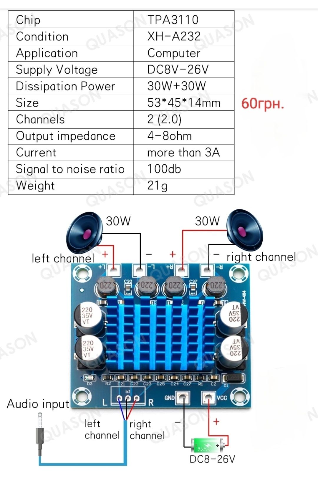 Підсилювач усилитель TPA3116 100W для сабвуфера та колонок та ін